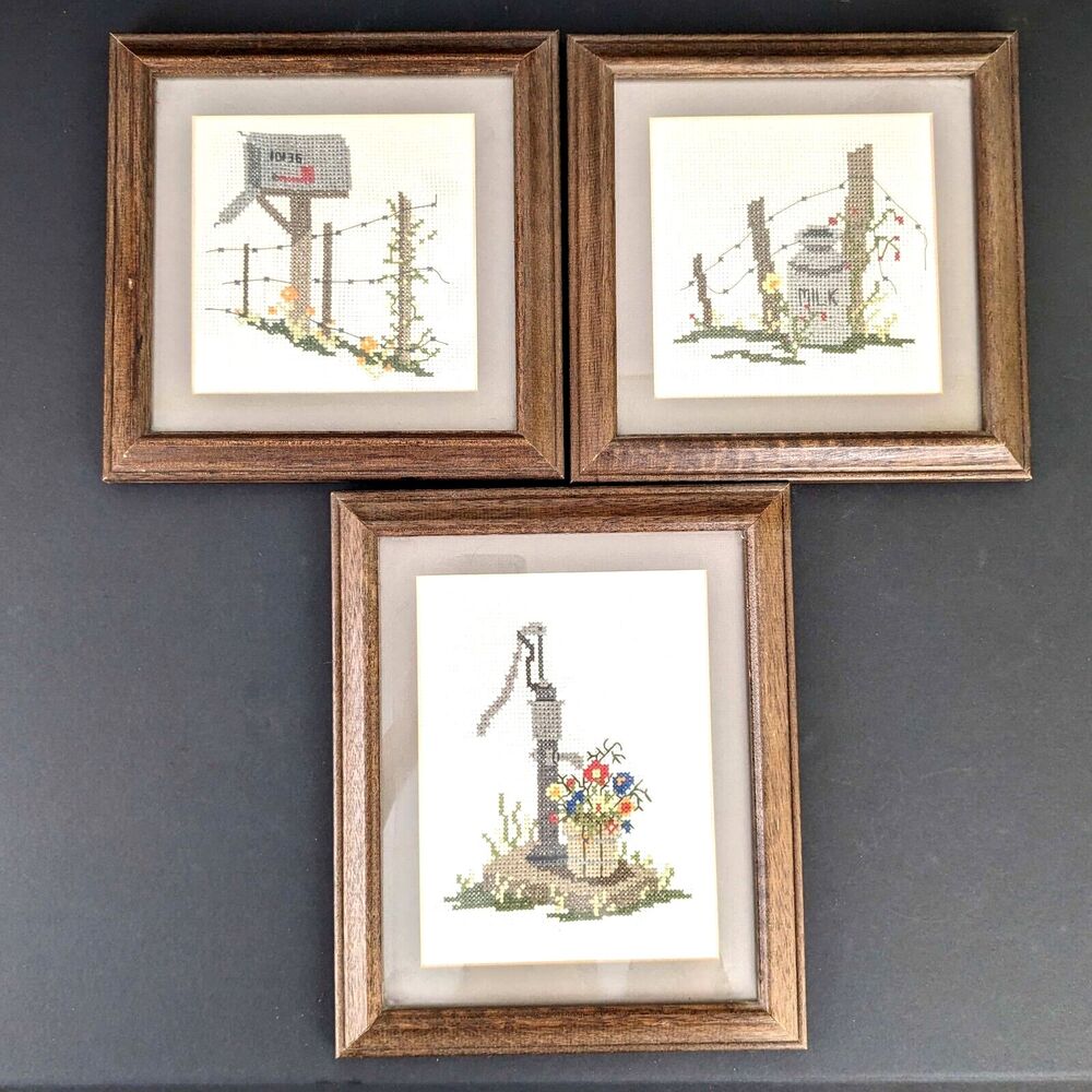 Set of 3 Framed Needlepoint Cottage Core Wall Hangings Art
